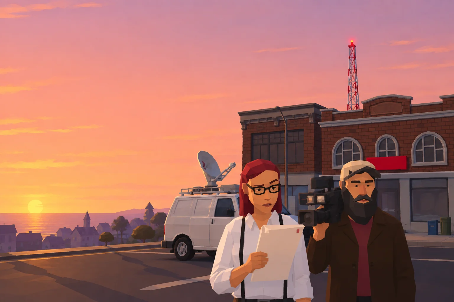 Vera, the reporter, reads a fax next to the cameraman, the van and the Canal 24 building, with the sea at dawn.