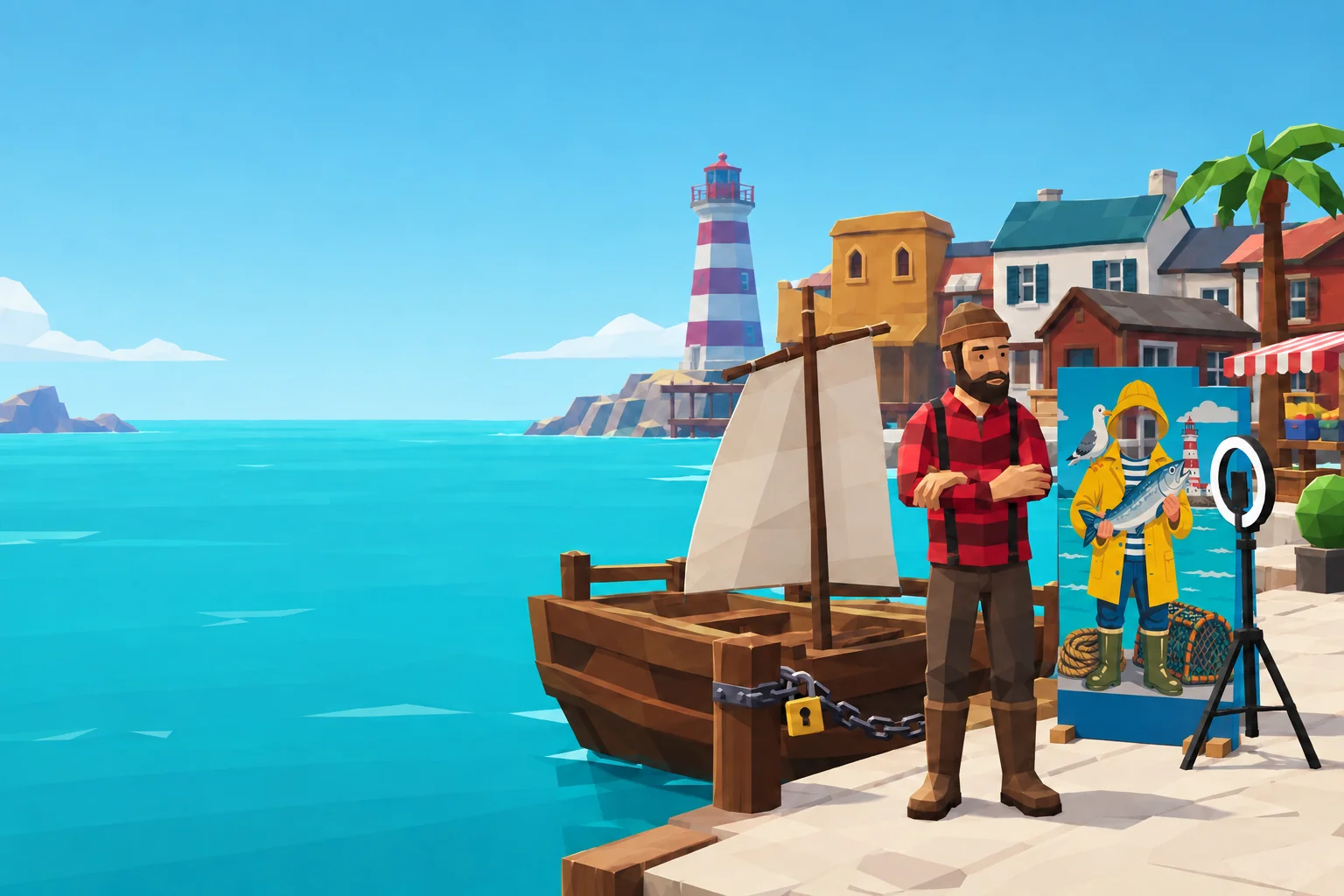 Chano junto a su barca encadenada, en un colorido puerto con un faro y un decorado para turistas.